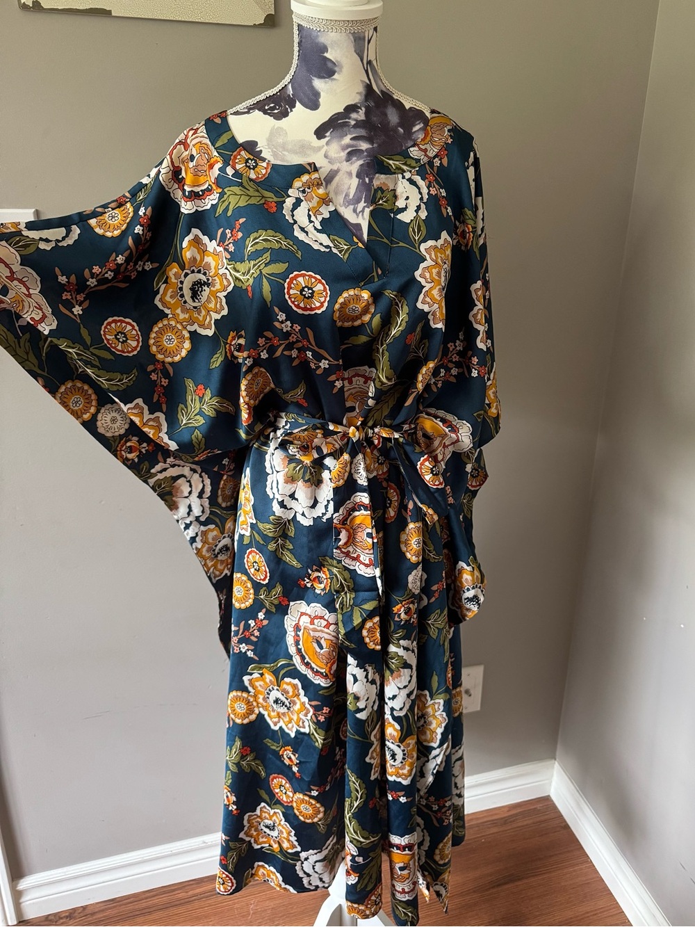 Floral Maxi Dress with Tie Belt Navy Blue Floral Kaftan